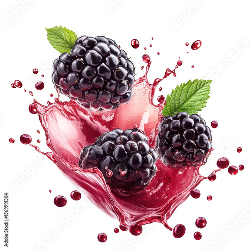 Three ripe blackberries splashing in juicy red liquid with green leaves isolated on transparent background