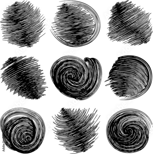 A collection of hand-drawn vector grunge circles and spirals. Features dense hatching, swirling lines, and organic sketch textures, adding dynamic visual interest to artistic backgrounds.