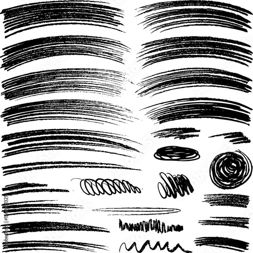 A set of hand-drawn vector brush strokes and scribble lines. Includes bold hatching, wavy banners, and expressive marks for adding dynamic texture to creative compositions.
