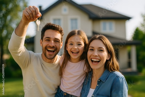 Joyful family celebrates owning their new home with a house key held high in front of their suburban residence