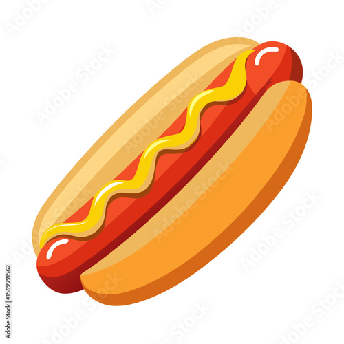 A juicy hotdog illustration sits in a bun, topped with a tasty squirt of yellow mustard, providing a mouthwatering image of classic fast food on white.