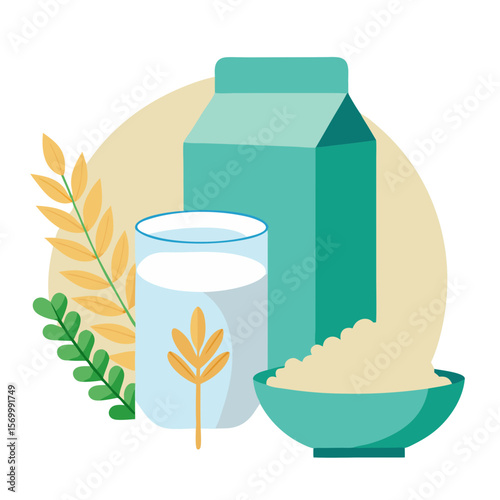 Oat milk illustration displays a carton, glass, and bowl, offering a creamy, plant-based dairy alternative with healthy grains, perfect for breakfast, desserts, and vegan lifestyles.