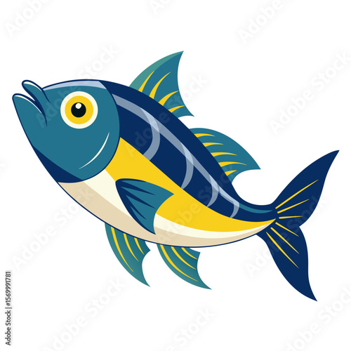 Cartoon illustration shows a stylized blue and yellow fish swimming, its vibrant colors and simplified design making it suitable for children's content and educational materials.