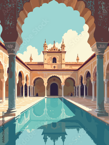 Alcazar of Seville with Moorish arches, reflection pools, and rich Andalusian tilework