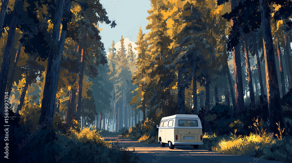 Obraz premium Flat camper van driving through forest landscape