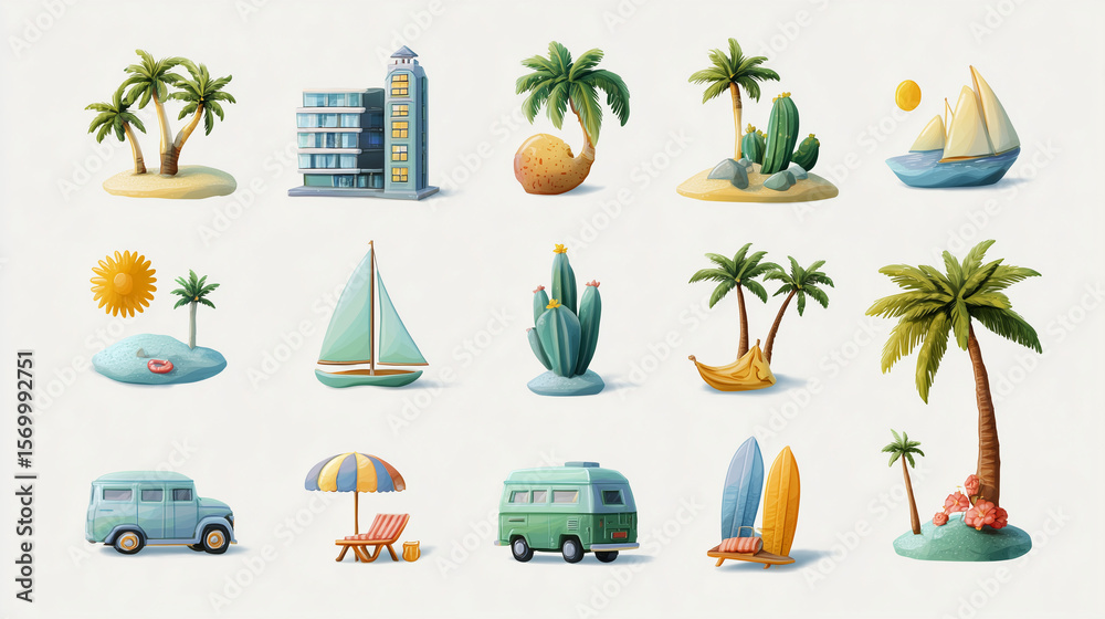 Obraz premium Travel destination icons pack with tropical theme