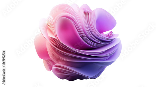 Vibrant abstract 3D sphere with wavy layers in pink and purple colour on white background 