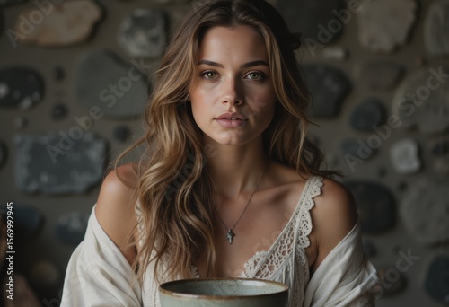 Crystal healer in natural light, embodying serenity and connection with nature photo