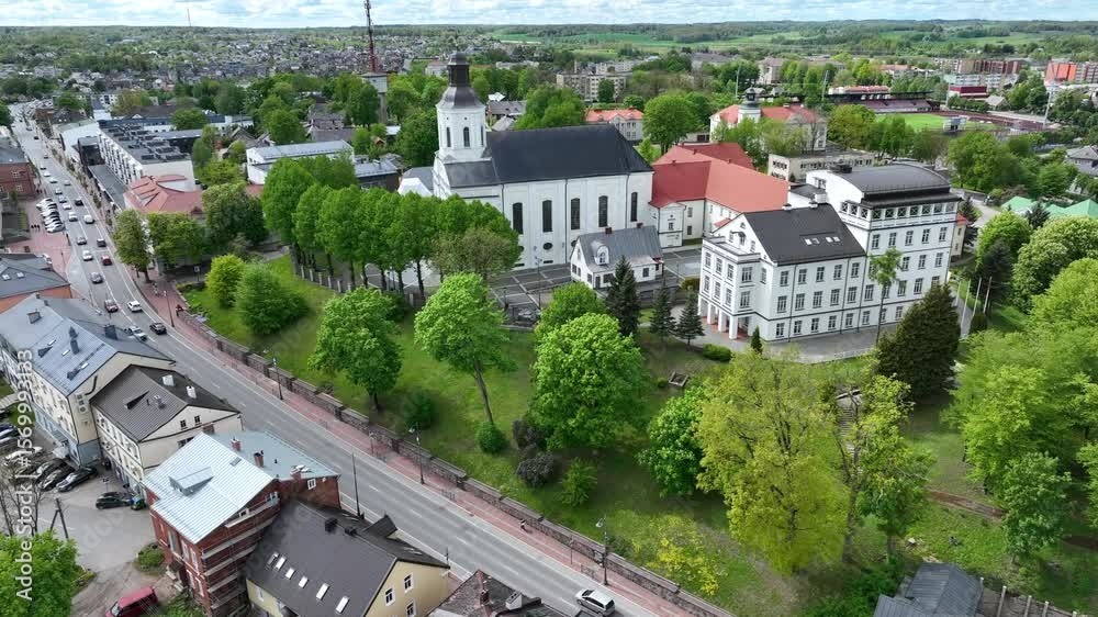 Telsiai City Downtow in Lithuania. Drone. Cathedral, Church
