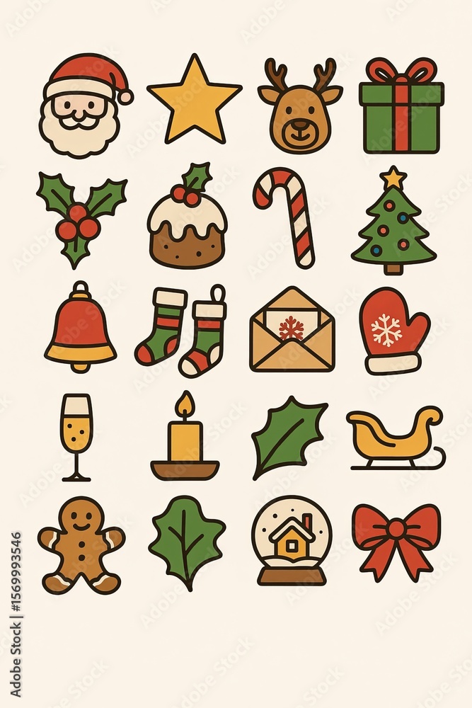 Fototapeta premium Classic Christmas icons set pattern with gingerbread man, Santa hat, gifts, stockings, candy cane, Christmas tree, snowflakes, wreath and festive symbols on cream background