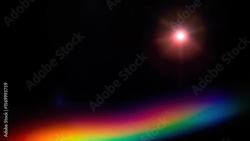 Blurred rainbow refraction overlay effect. Light lens prism effect on black background. Holographic reflection, crystal flare leak shadow overlay. Colorful rainbow disco ball light