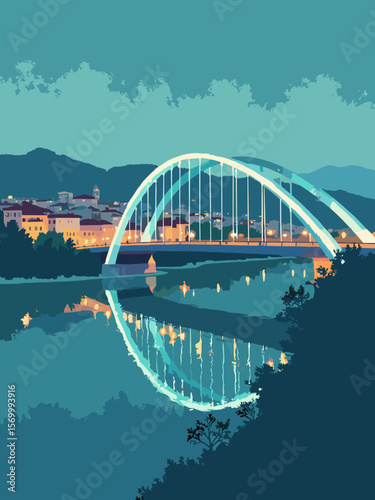 Peace Bridge in Tbilisi, Georgia with modern wave design lit in teal against old city backdrop