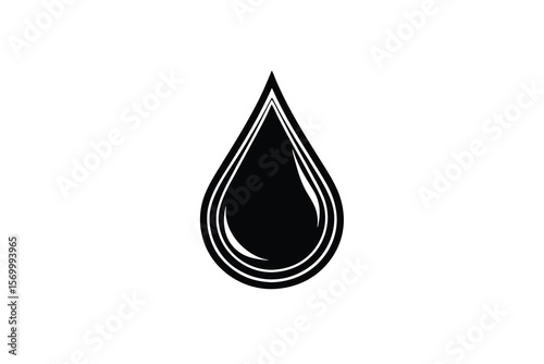 Abstract black drop shape with curved lines and white background silhouette