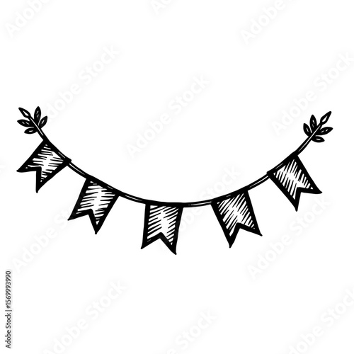 Hand-drawn black party garland with triangular flags hanging on string - festive and celebration concept