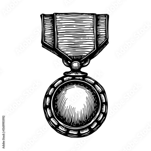 Military award medal with ribbon in vintage engraving style - achievement and honor concept