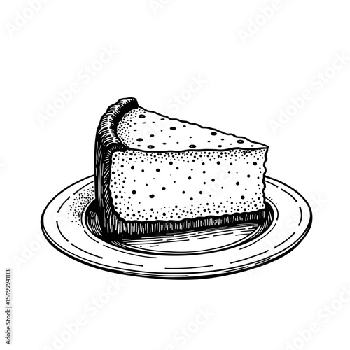 Hand-drawn slice of cake on plate for food packaging design and sweet-themed stationery - concept of treat and aesthetic desserts
