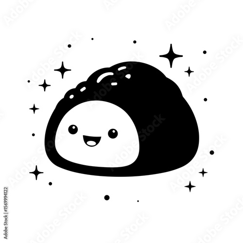 Cute smiling onigiri rice ball with sparkles in kawaii style for children’s content and Asian food branding - concept of cuteness and Japanese culture
