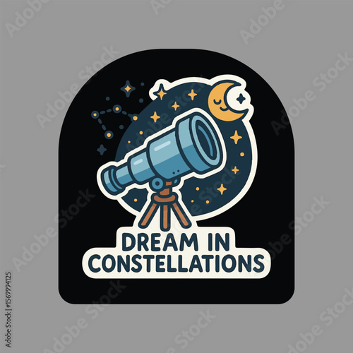 Cute cartoon telescope looking at a smiling moon and constellations in the night sky