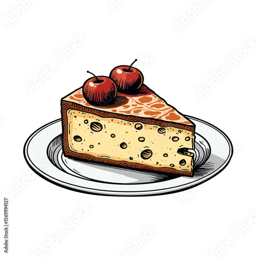 Slice of cherry pie with fruit bits on plate in hand-drawn style for seasonal menus and retro food content - concept of nostalgia and homemade desserts