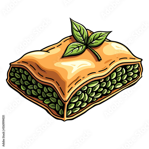 Slice of green pistachio baklava with mint leaves in color vector style for Middle Eastern branding and gourmet packaging - concept of culture and luxury dessert