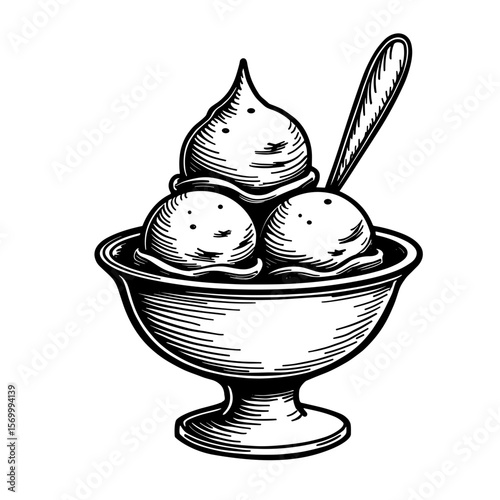 Ice cream sundae in engraved sketch style with spoon for cafe menus and retro dessert packaging - concept of indulgence and cafe culture
