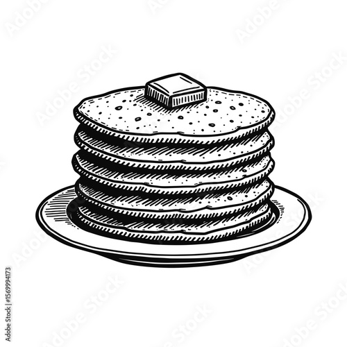 Stack of pancakes with butter on top in engraving style for breakfast menus and cozy cafe branding - concept of comfort food and morning meals