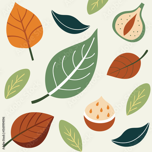 A vibrant and colorful minimal floral pattern design showcasing artistic leaf prints and charming fig illustrations on a neutral backdrop.