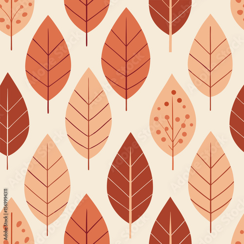 Artistic minimalist repeating floral design with various shapes of autumn leaves in warm earthy tones for surface prints