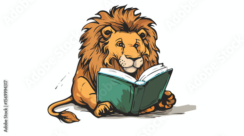 Wise Lion Scholar: Hand-Drawn Vector Illustration of a Majestic Lion Immersed in Reading art book   