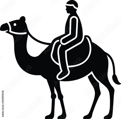 Cartoon illustration of a cute wild camel in the desert and on the beach, desert life, animal art, desert beach, colorful, friendly