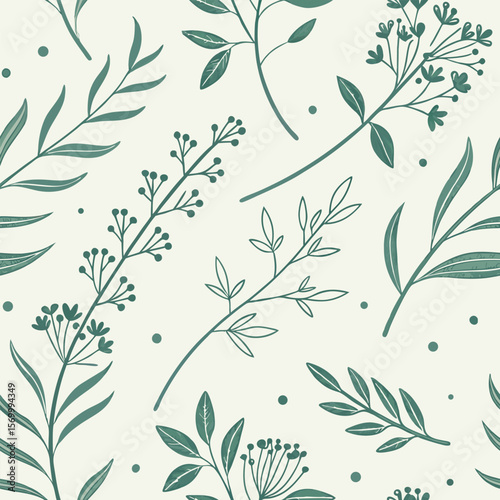 Artistic seamless botanical pattern featuring delicate leaf prints and floral sprigs in shades of green on a cream background