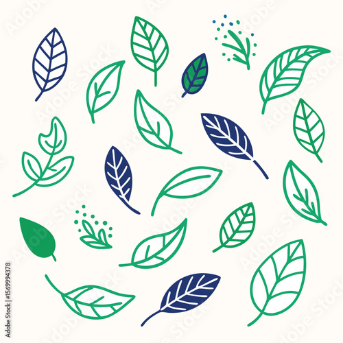 Collection of stylish and minimal floral pattern leaf prints in shades of green and blue on a white background