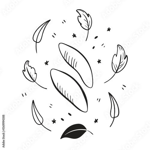 Decorative black and white minimal floral pattern featuring leaves and decorative elements suitable for various design projects