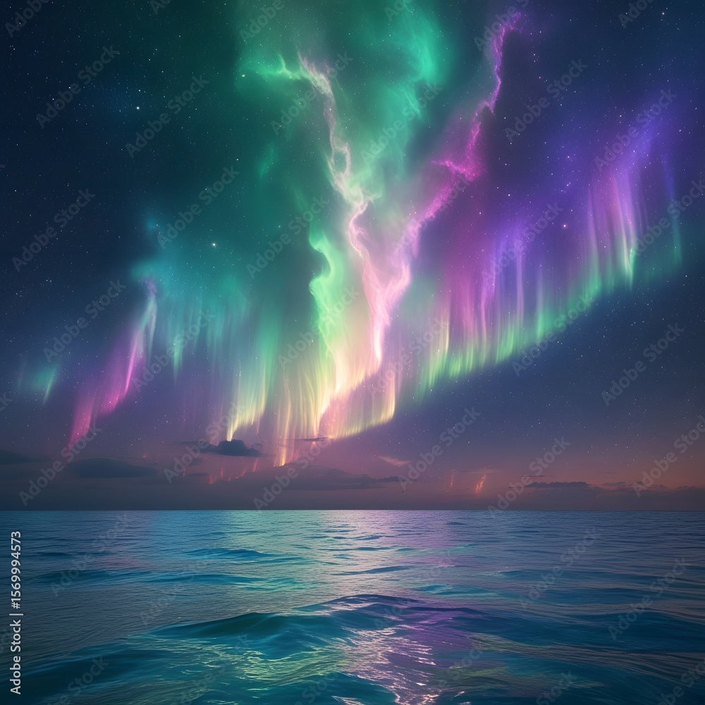 Naklejka premium Brilliant nebula in the night sky glowing with aurora hues, reflected over a serene sea. A surreal blend of cosmos and earth—perfect for fantasy art, sci-fi visuals, or meditative digital backdrops.