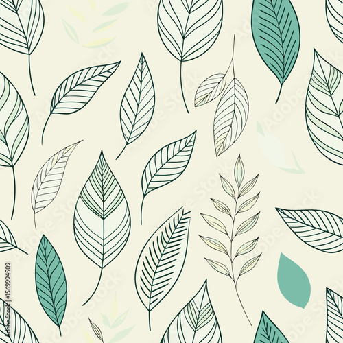 Elegant botanical minimal floral pattern illustration featuring hand drawn leaf prints in green and cream hues on a light background
