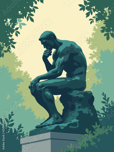 The Thinker Statue in bronze surrounded by greenery and soft natural museum light