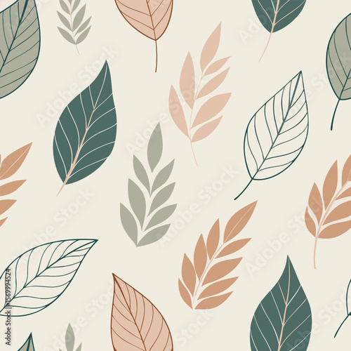 Elegant and minimal floral pattern showcasing various leaf prints in muted tones on a neutral cream color background design.