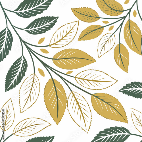 Elegant minimal floral pattern composed of various autumnal leaves in olive green and gold tones on a white background