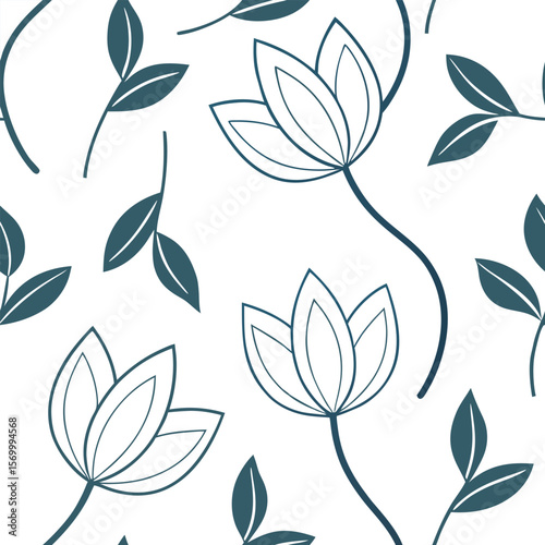Elegant minimal floral pattern featuring stylized blooms and leaf prints against a white backdrop creating a seamless design.