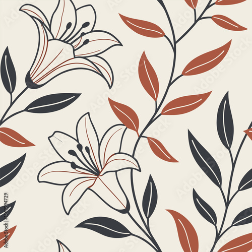 Elegant vector illustration featuring a seamless floral pattern with lily flowers and leaf prints perfect for design