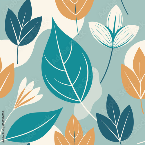 Elegant seamless minimal floral pattern featuring various leaf prints in shades of teal beige and gold creating a stylish design