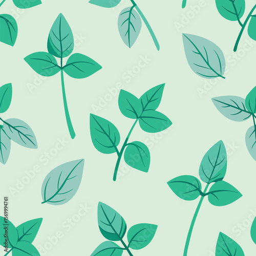Green leaf prints arranged in a minimal floral pattern creating a seamless repeating design perfect for decorative backgrounds
