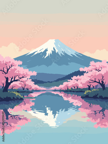 Mount Fuji capped with snow rising above cherry blossoms in full bloom, reflected in a still lake