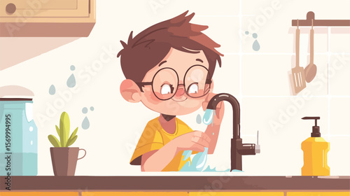 Cute Boy in Glasses Conserves Water, Turning Off Tap, Eco-Friendly Child, Saving Resources, Water   