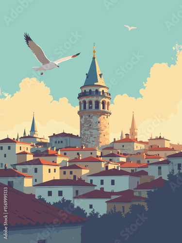 Galata Tower overlooking Istanbul’s rooftops, with seagulls flying and golden hour light on stone walls
