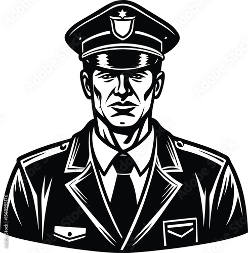 Strong Police Officer: A stern police officer, in a crisp uniform and peaked cap, commands attention with a focused gaze, embodying the values of law enforcement with authority and poise.