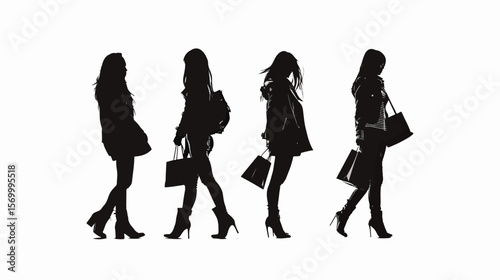 shopping girl silhouette , black silhouettes isolated on white background