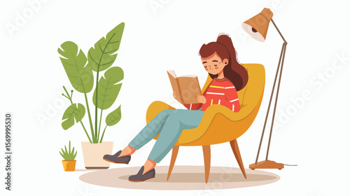 Adorable Little Girl Focused on Homework, Studying at Home, Flat Vector Illustration kid pen room   
