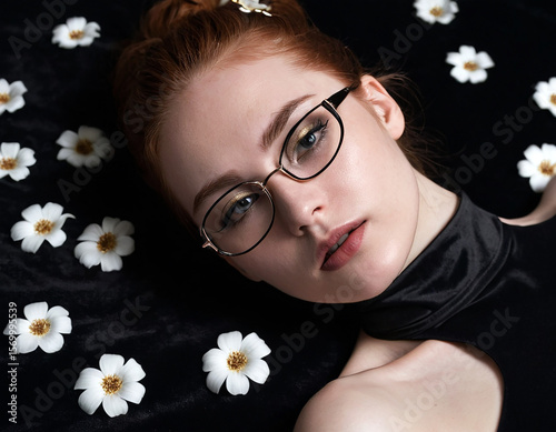 Elegant woman with flowers capturing serene beauty in a dark setting