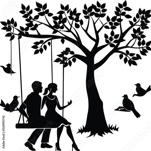 Happy family and loving couple silhouettes enjoy a summer sunset on the beach with a tree in the landscape, sunset view, lovebirds, sunny, beautiful, unity